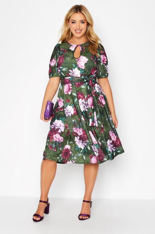 YOURS LONDON Plus Size Green Floral Animal Print Keyhole Skater Dress | Yours Clothing 1