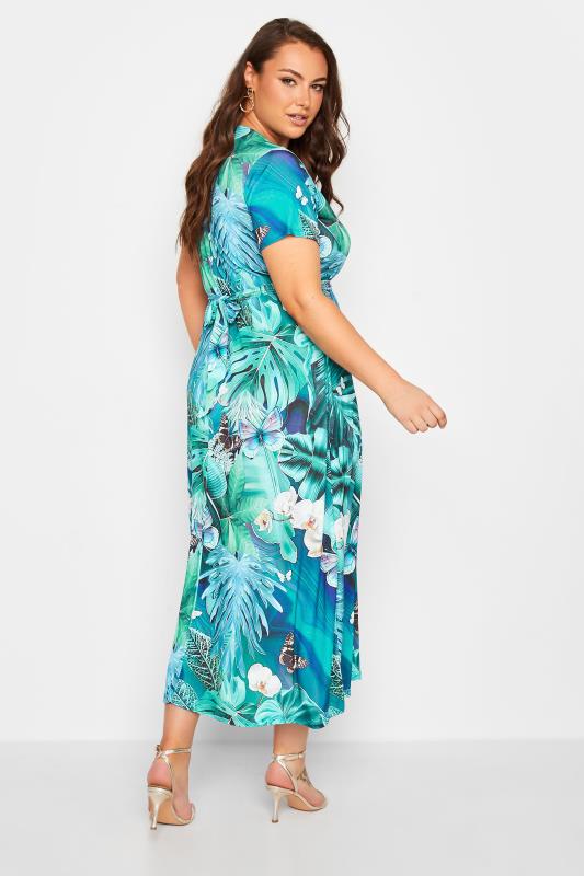 YOURS Plus Size Blue Leaf Print Wrap Neck Dress | Yours Clothing 3