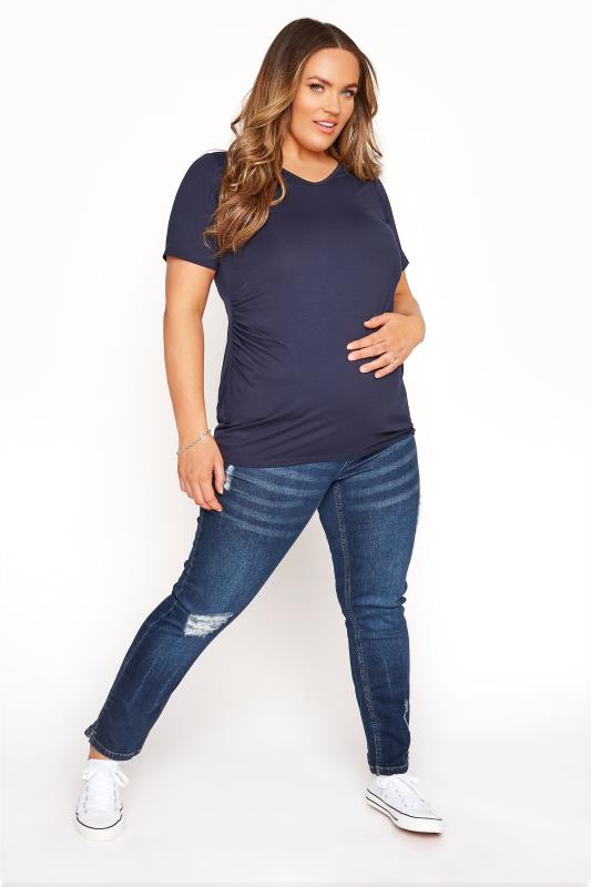 BUMP IT UP MATERNITY Curve Blue Distressed Straight Leg Jeans With Comfort Panel_A.jpg