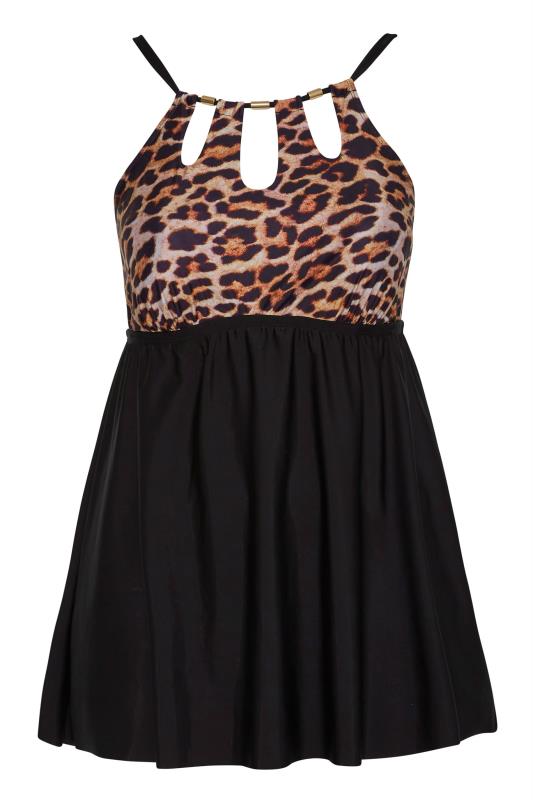 Plus Size  Black Leopard Print Triple Keyhole Swim Dress