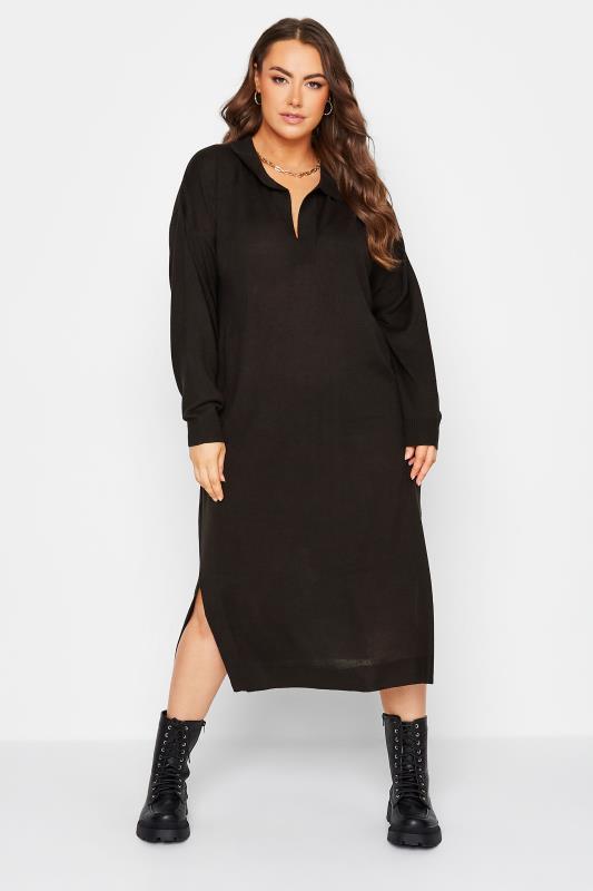 Plus Size Black Open Collar Knitted Jumper Dress | Yours Clothing 2