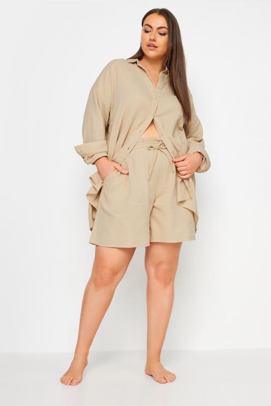 YOURS Plus Size Stone Brown Cheesecloth Shorts | Yours Clothing 3