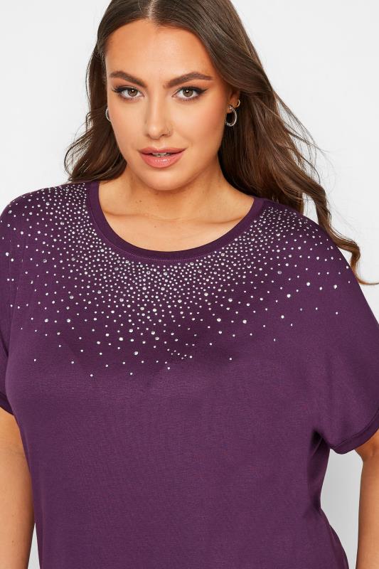 Plus Size Purple Stud Embellished Grown On Sleeve T-Shirt | Yours Clothing 4