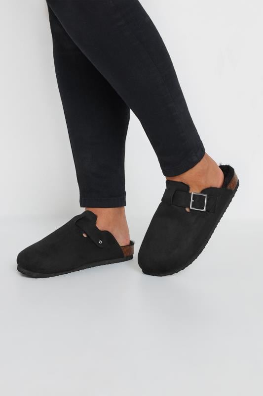 Black Faux Fur Lined Clogs In Extra Wide EEE Fit | Yours Clothing  1