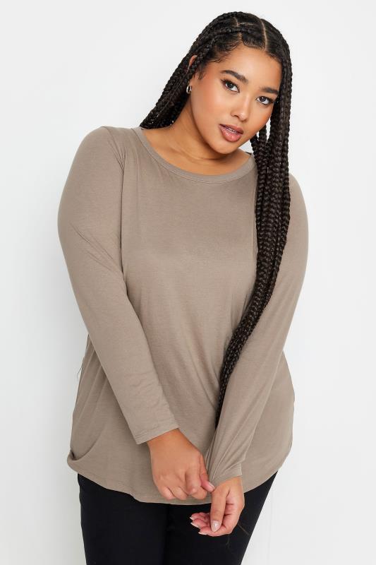 Plus Size  YOURS Curve Stone Brown Long Sleeve Top