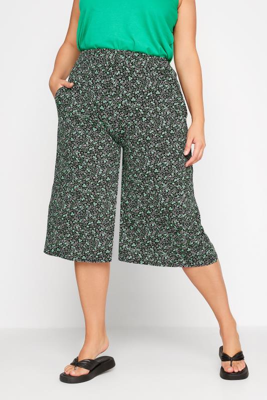 Plus Size Black Floral Print Jersey Culottes | Yours Clothing 1