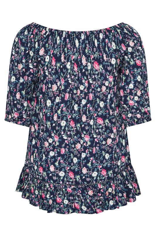 Plus Size Navy Blue Floral Print Bardot Top | Yours Clothing 7