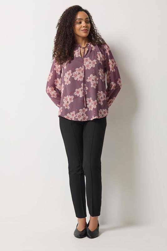 M&Co Purple Floral Tie Neck Blouse | M&Co 2