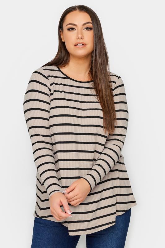 Plus Size  YOURS Curve Stone Brown & Black Stripe Ribbed Swing T-Shirt