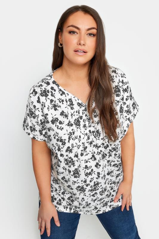 YOURS Plus Size 2 PACK Black & White Floral Pintuck Henley T-Shirts | Yours Clothing 2