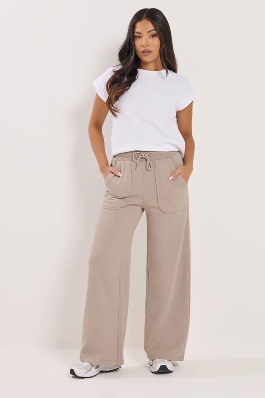 PixieGirl Petite Women's Stone Brown Pocket Patch Wide Leg Joggers | PixieGirl 1