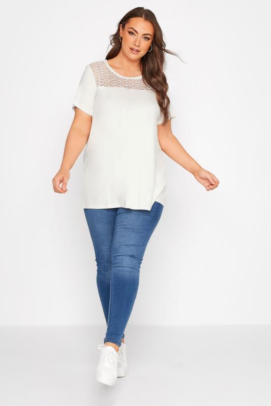 Plus Size White Crochet Neck T-Shirt | Yours Clothing 2