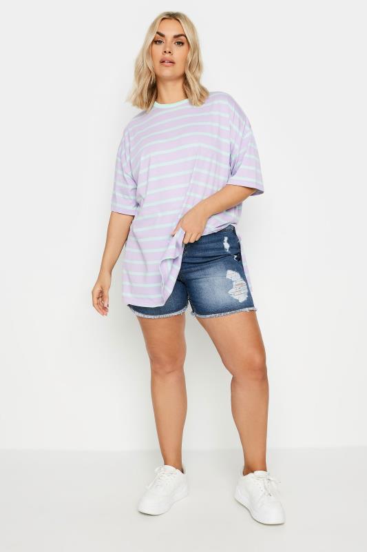 YOURS Plus Size Blue Ripped Stretch Denim Shorts | Yours Clothing 2