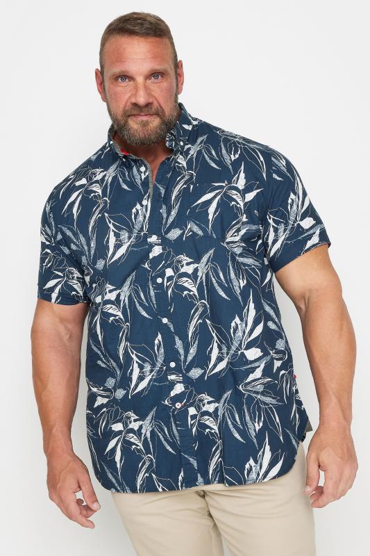 D555 Big & Tall Navy Blue & White Hawaiian Print Short Sleeve Shirt | BadRhino 1