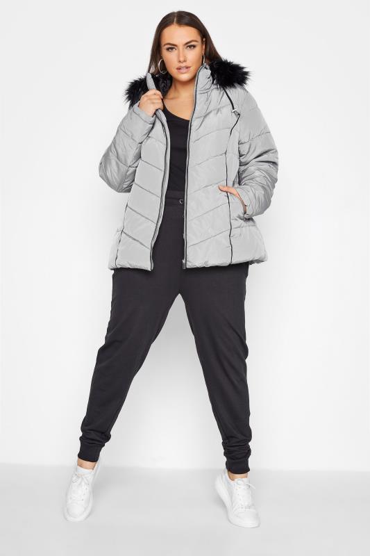 Plus Size Grey PU Faux Fur Trim Panelled Puffer Jacket | Yours Clothing 2