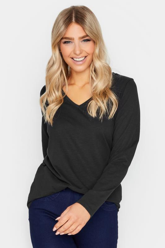 Women's  M&Co Black V-Neck Long Sleeve Cotton Blend T-Shirt