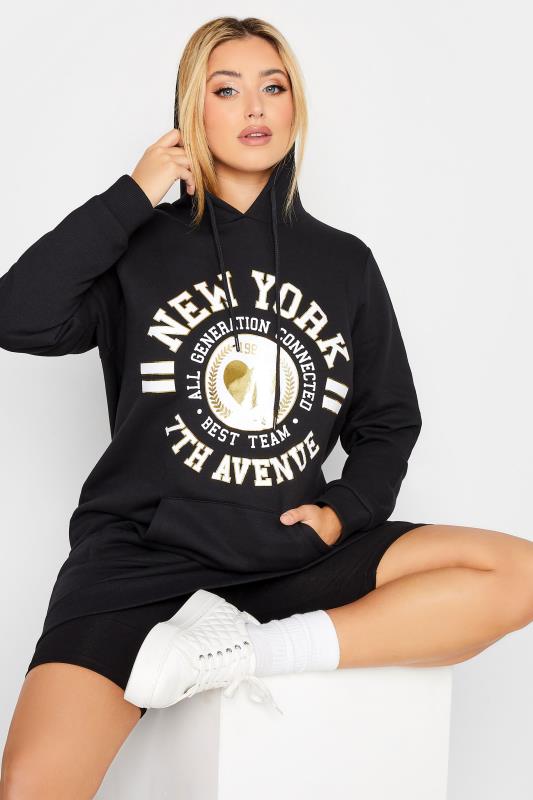 Plus Size Black 'New York' Graphic Print Hoodie Dress | Yours Clothing 3