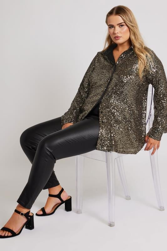 YOURS LONDON Plus Size Gold Sequin Shirt | Yours Clothing 1