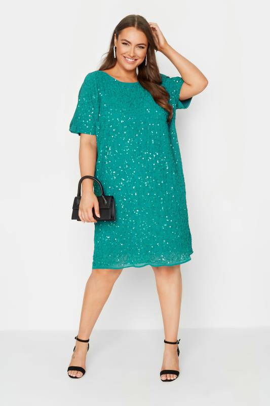 LUXE Plus Size Teal Green Sequin Hand Embellished Cape Dress | Yours Clothing 1