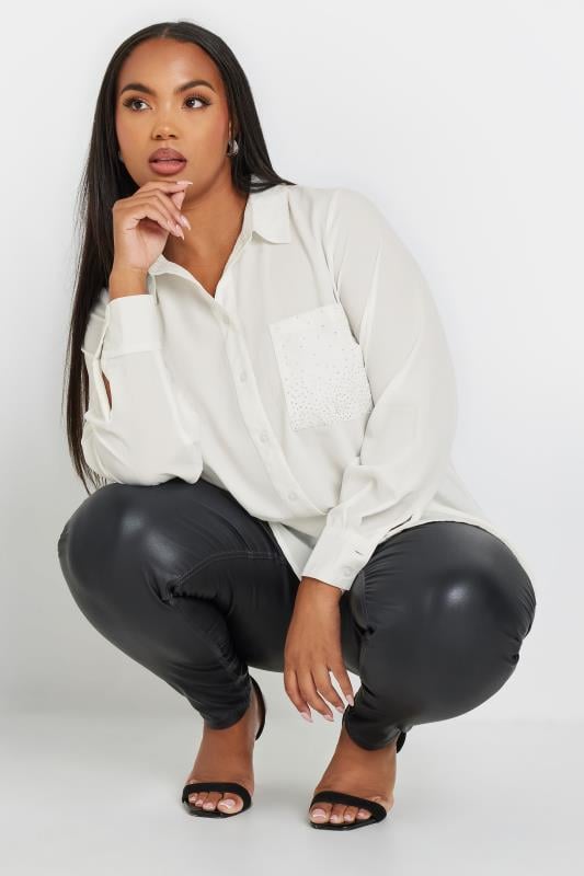 YOURS Plus Size White Diamante Pocket Shirt | Yours Clothing  1