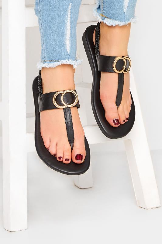 LIMITED COLLECTION Black & Gold Double Ring Sandals In Wide E Fit & Extra Wide EEE Fit 1