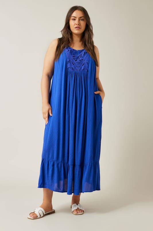 EVANS Plus Size Cobalt Blue Crinkle Broderie Maxi Dress | Evans  3
