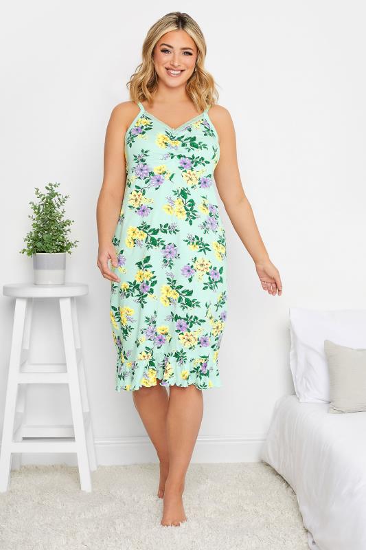 YOURS Plus Size Green Floral Cotton Chemise | Yours Clothing 1