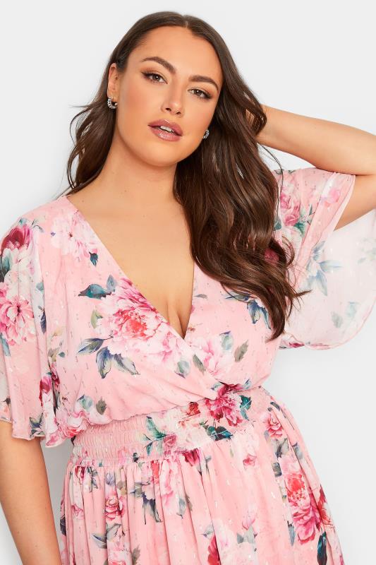 YOURS LONDON Plus Size Curve Pink Angel Sleeve Floral Shirred Dress | Yours Clothing  4