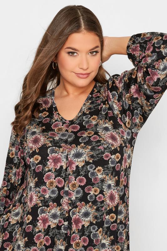 Curve Black & Pink Long Sleeve Floral Pleated Top | Yours Clothing 4