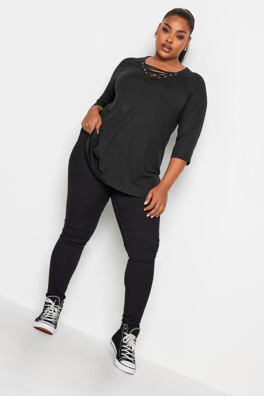 YOURS Plus Size Black Lace Up Eyelet Top | Yours Clothing 2