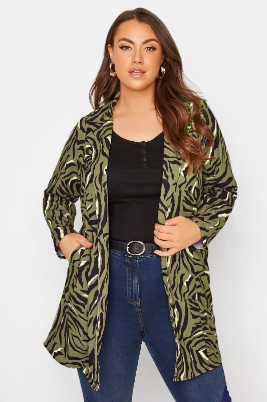 Plus Size Khaki Green Animal Print Longline Blazer | Yours Clothing 1