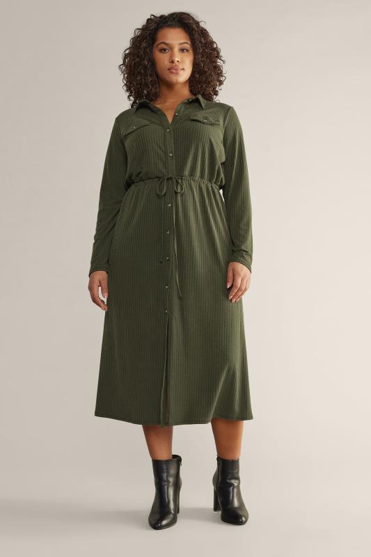Plus Size  EVANS Curve Khaki Green Ribbed Utility Dress
