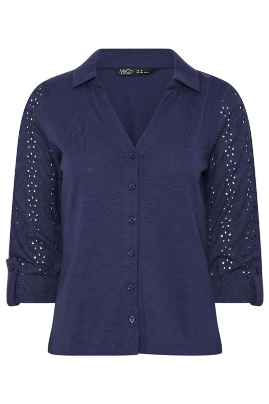 M&Co Petite Navy Blue Broderie Sleeve Cotton Shirt | M&Co 5