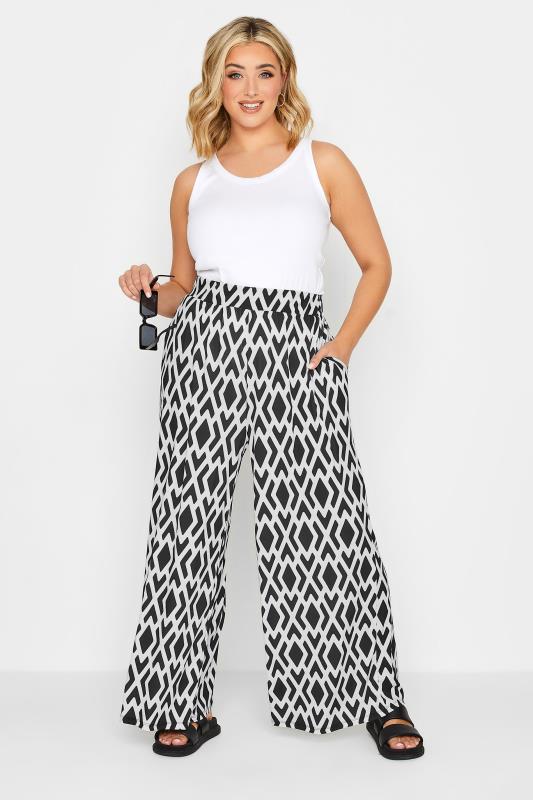 YOURS Curve Plus Size White Geometric Print Wide Leg Trousers | Yours ...
