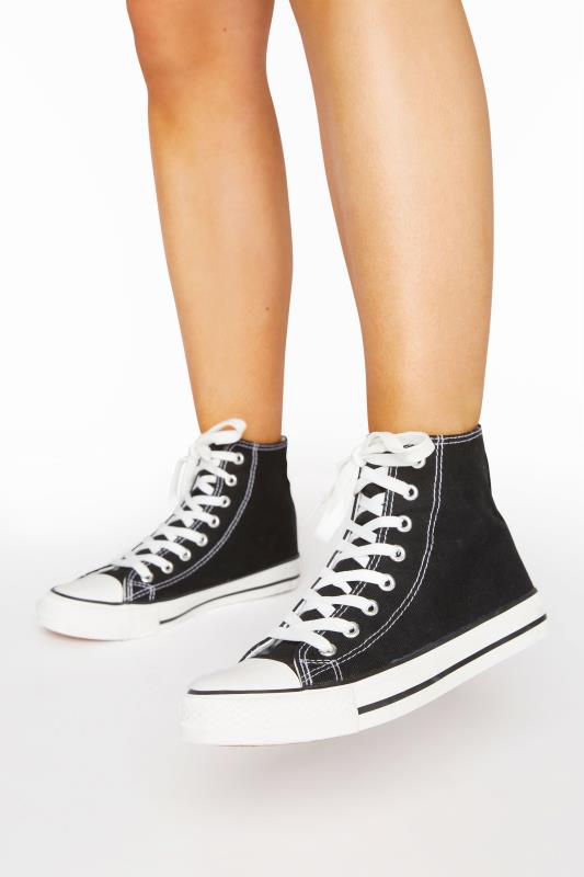  Grande Taille Black Canvas High Top Trainers In Wide E Fit
