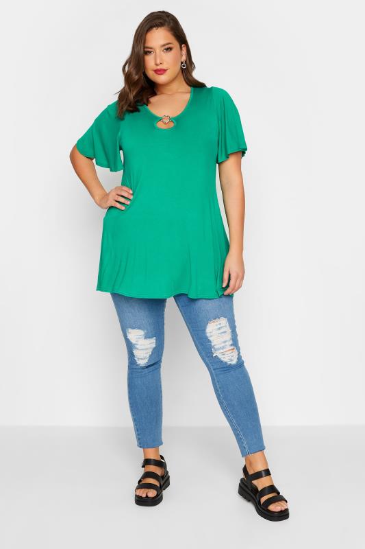 LIMITED COLLECTION Plus Size Green Heart Trim Angel Sleeve Top | Yours Clothing 2