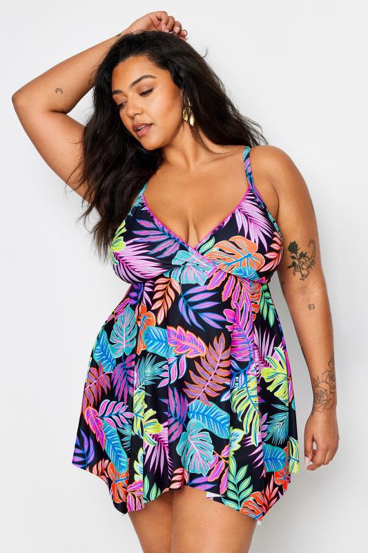 YOURS Plus Size Black Tropical Print Tummy Control Swimdress | Yours Clothing 2
