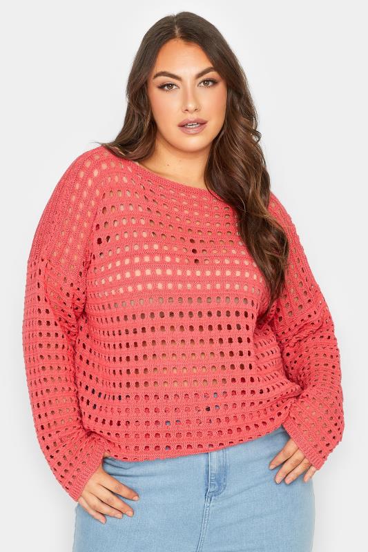 Plus Size  YOURS Curve Pink Crochet Tunic Jumper