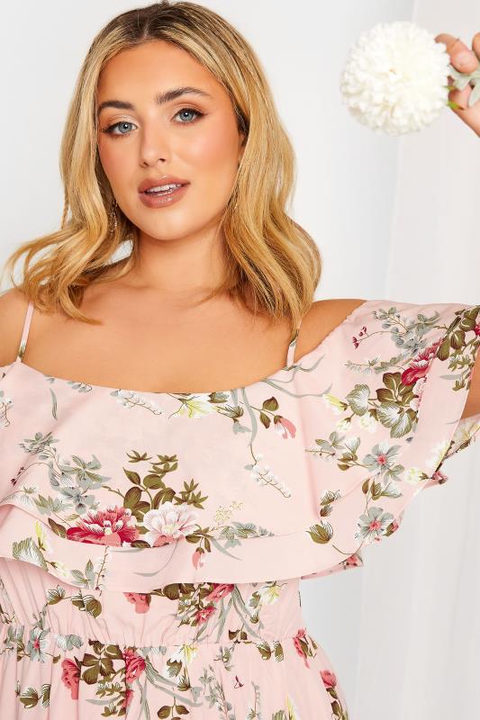Plus Size YOURS LONDON Curve Light Pink Floral Bardot Ruffle Bridesmaid Maxi Dress | Yours Clothing  4