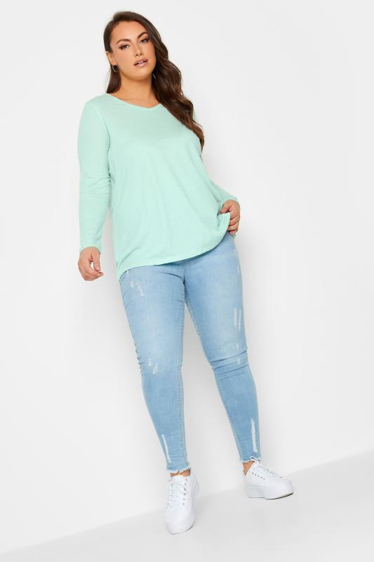 YOURS Plus Size Mint Green Long Sleeve V-Neck T-Shirt | Yours Clothing 2