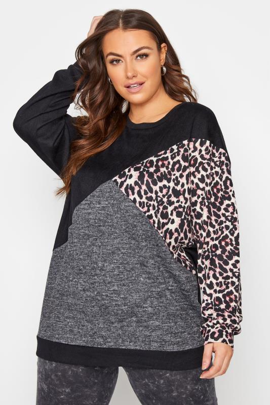 Plus Size  Curve Black Leopard Print Block Knitted Jumper