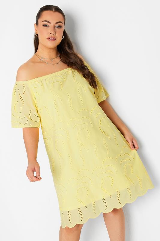 Plus Size  YOURS Curve Yellow Broderie Anglaise Bardot Dress