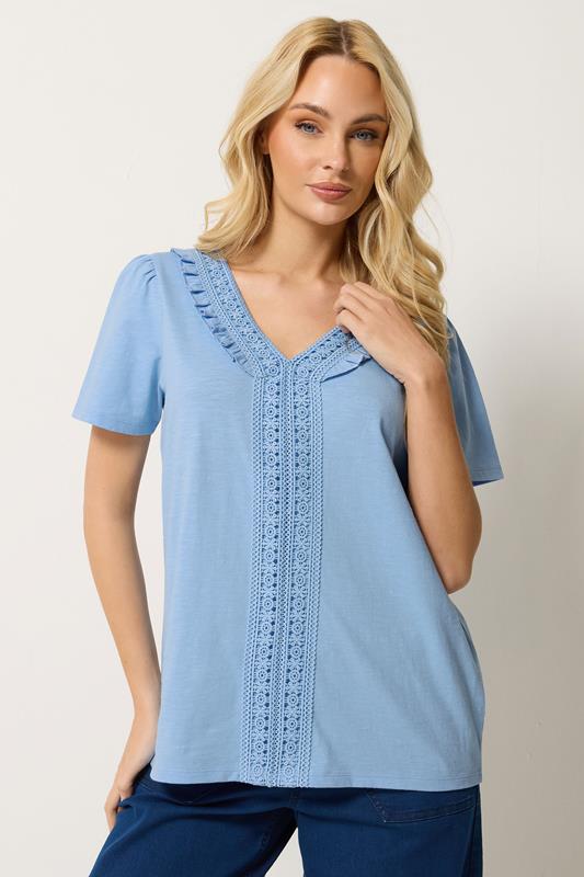  M&Co Blue Short Sleeve Frill Cotton Blouse