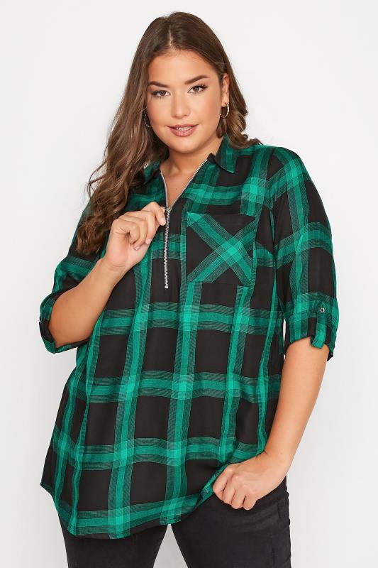 Curve Green & Black Checked Zip Top | Yours Clothing 3
