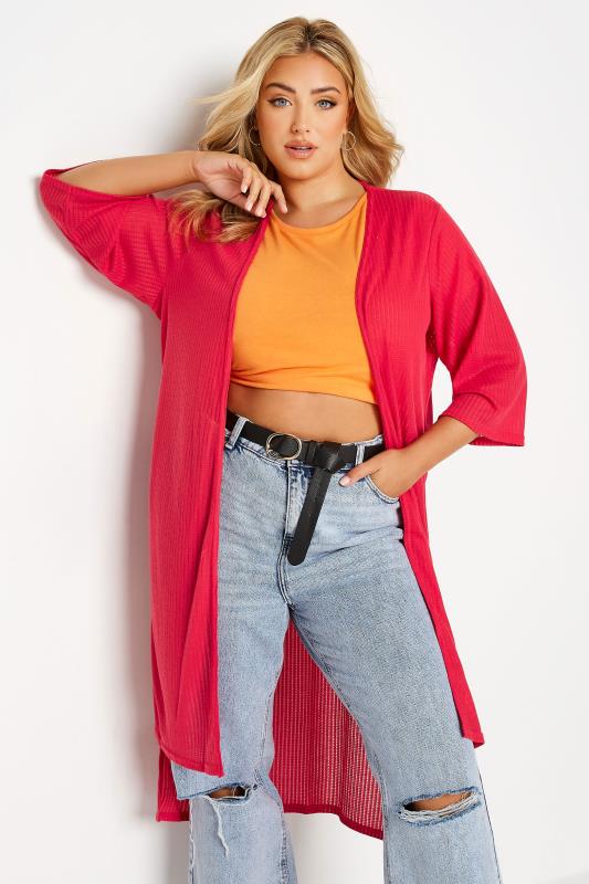 LIMITED COLLECTION Plus Size Hot Pink Longline Dipped Hem Cardigan | Yours Clothing 1