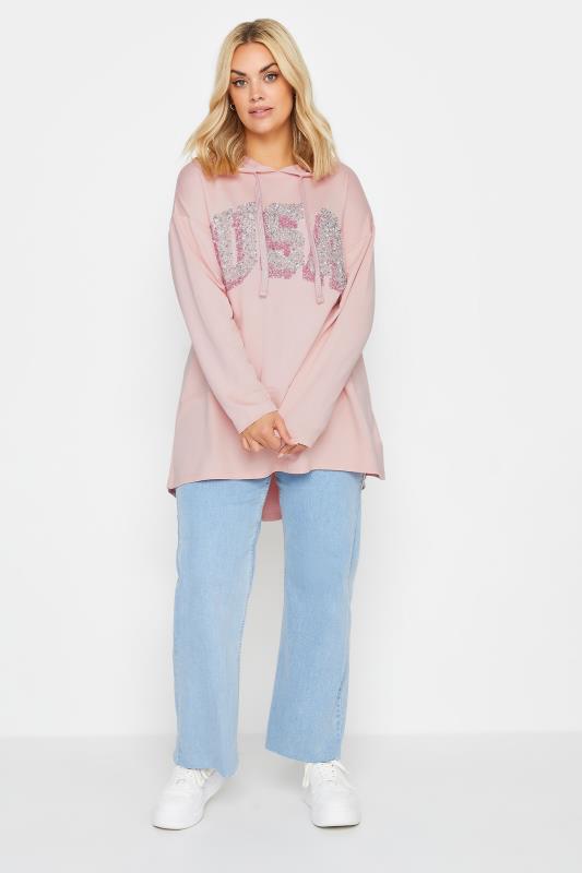 YOURS Plus Size Pink 'USA' Sequin Slogan Longline Hoodie | Yours Clothing 2