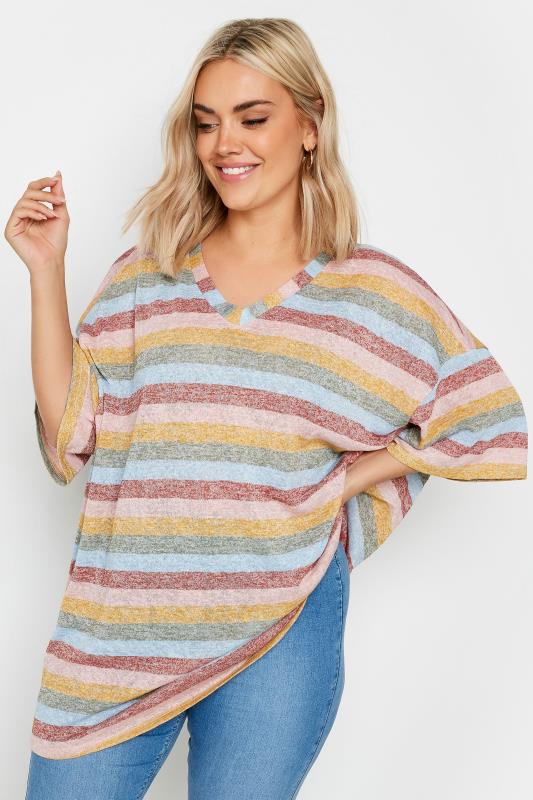 Plus Size  YOURS Curve Pink & Orange Striped Oversized T-Shirt