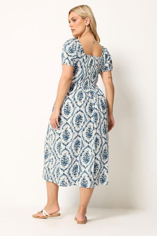 YOURS Plus Size White & Blue Floral Linen Midaxi Dress | Yours Clothing 2