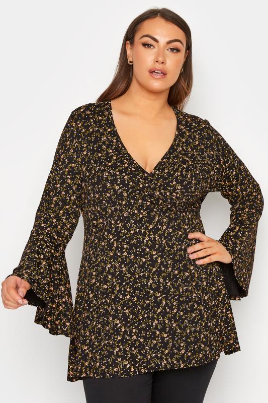Plus Size  LIMITED COLLECTION Curve Black Ditsy Floral Flare Sleeve Wrap Top