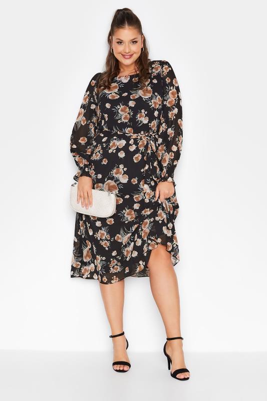  Grande Taille YOURS LONDON Curve Black Floral Long Sleeve Dress
